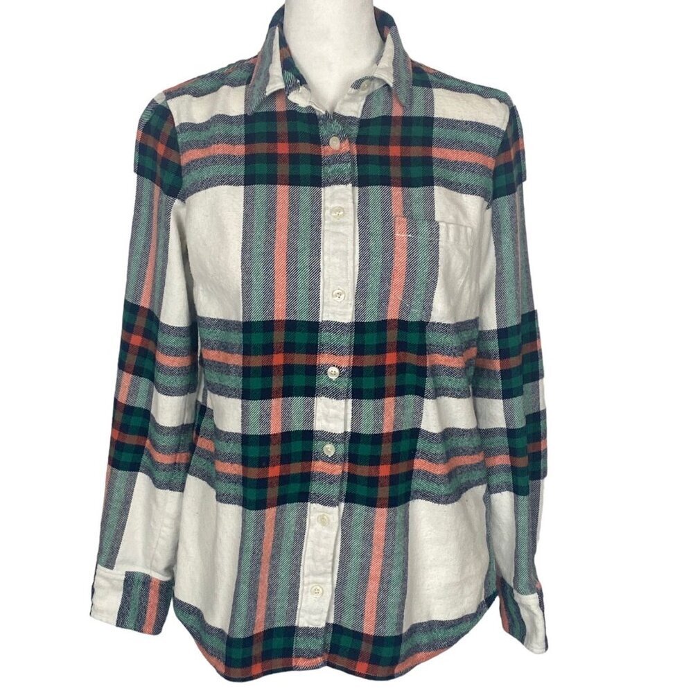 J CREW Women Rock Salt Flannel Shirt Plaid Long Sleeve‎ Sz XS Green 65-13